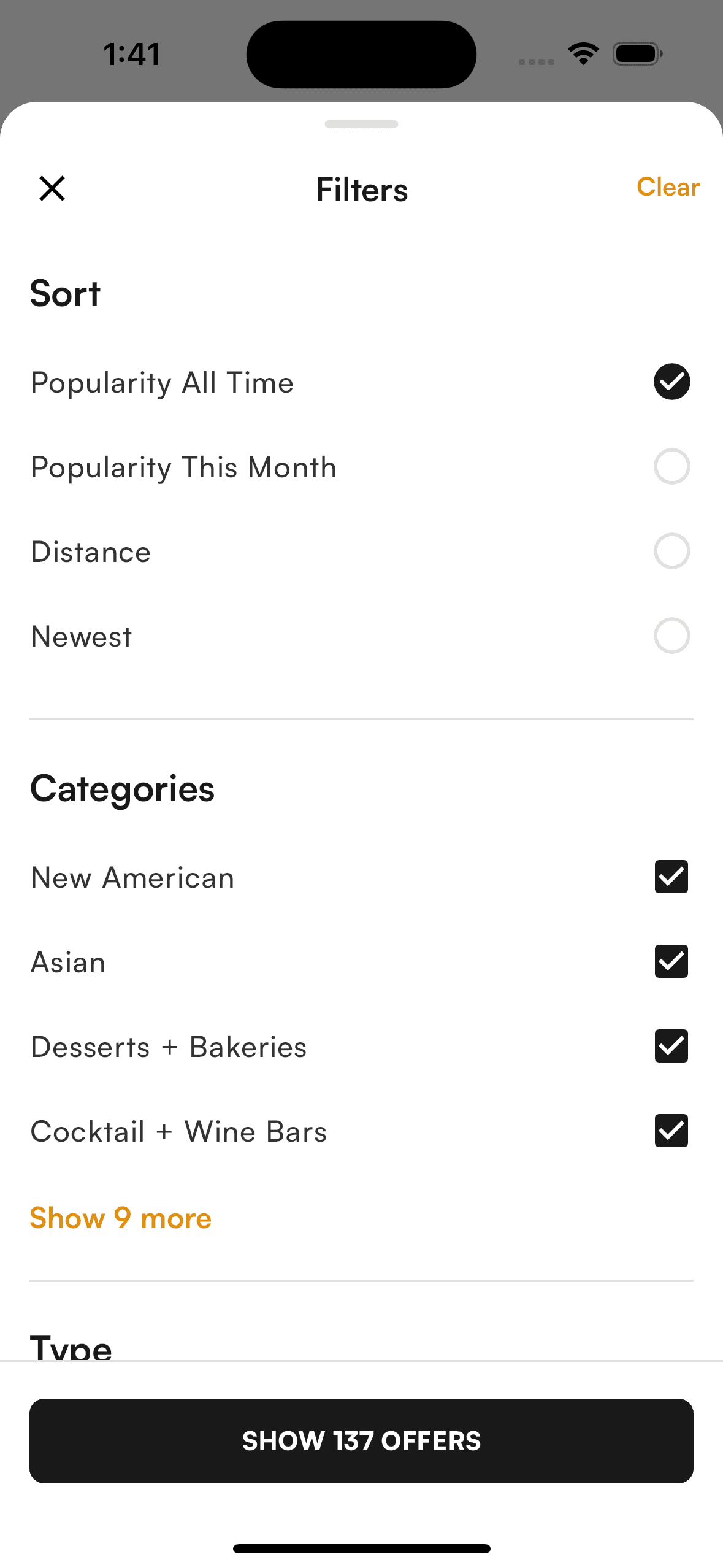 Filters in the app screenshot